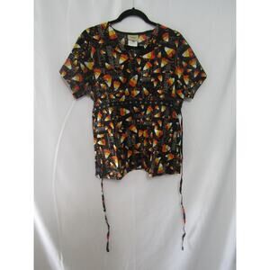 Tafford Scrub Top Small Black Candy Corn Happy Halloween 100% Cotton Nurse